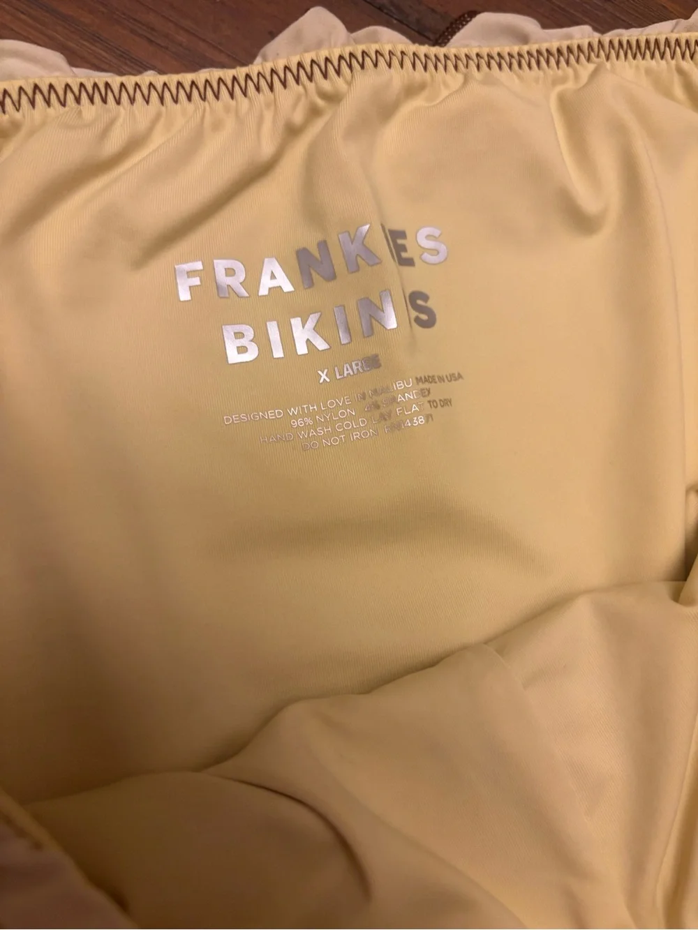 Frankie’s bikinis x Gigi HADID yellow swim shorts with brown trim